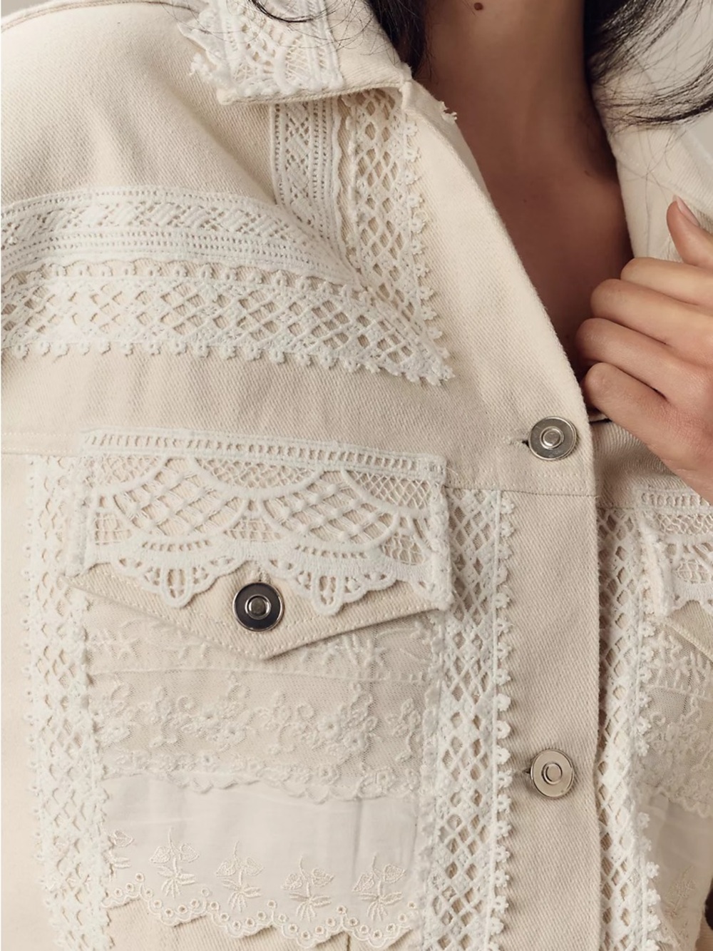 Anthropologie Women's Cream Lace-Trim Button Jacket